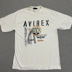 Y2K Avirex Varsity AVX New York Stencil Graphic Tee White Navy Orange Mens L